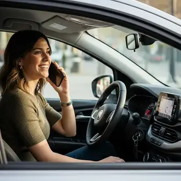 Mujer sentada en un auto hablando por teléfono con Grúas del Norte