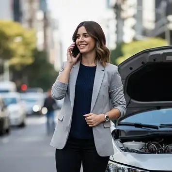 Mujer hablando por teléfono parada adelante de un auto con el capot levantado